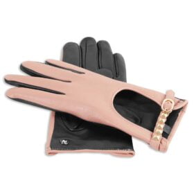 pink women's leather gloves with gold studs