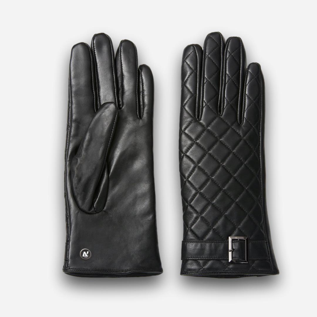 quilted leather gloves for women in black